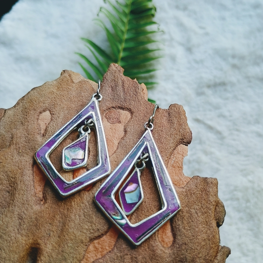 Vintage Alpaca Silver & Abalone Geometric Dangle Earrings, Mexican Silver, Boho